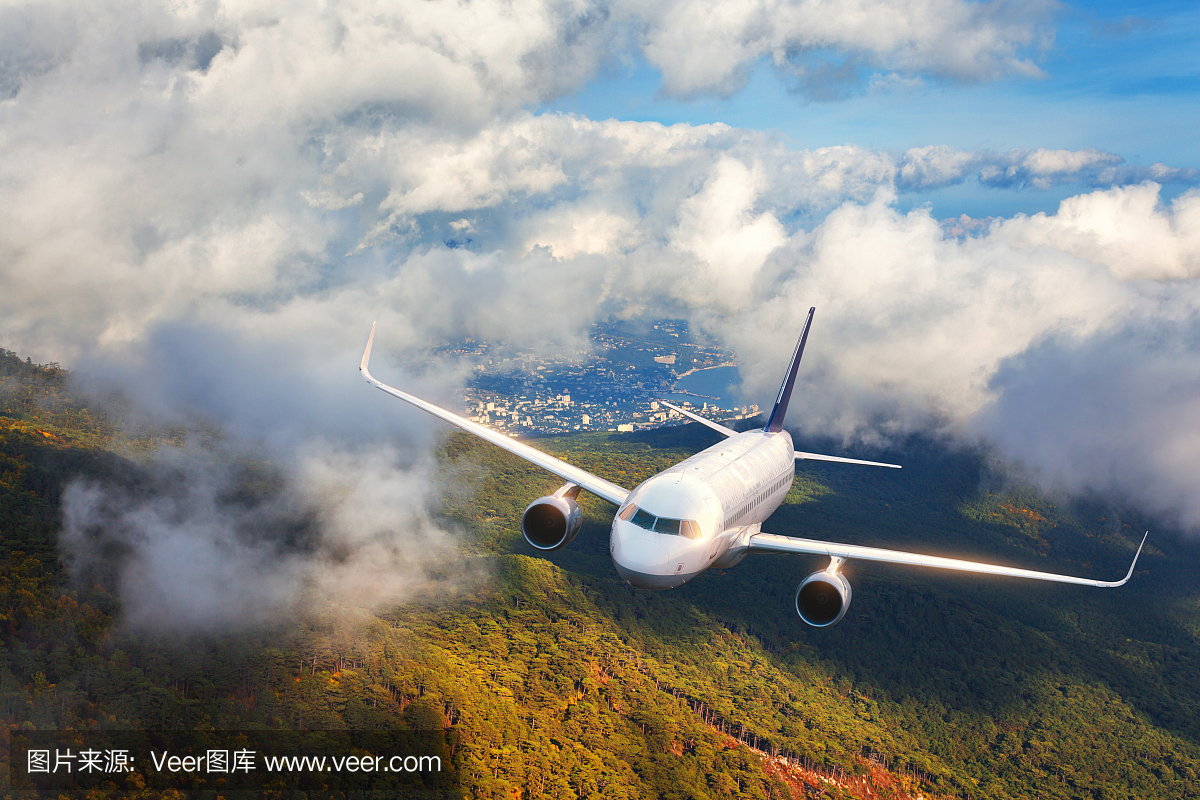飞机鸟瞰图。日落时分,飞机在云中飞过森林密布的高山。景观有客机,多云的天空,树木。客机。商务旅行。商用飞机